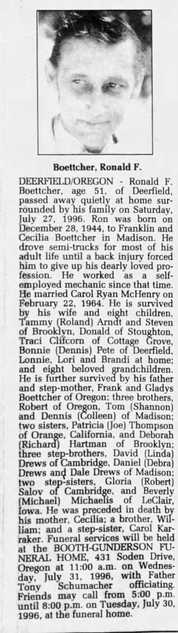 Obituary for Ronald F. Boettcher, 1944-1996 (Aged 51)